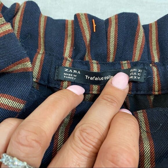Zara Striped Navy Paper Bag Trousers with Belt XS - Picture 12 of 15
